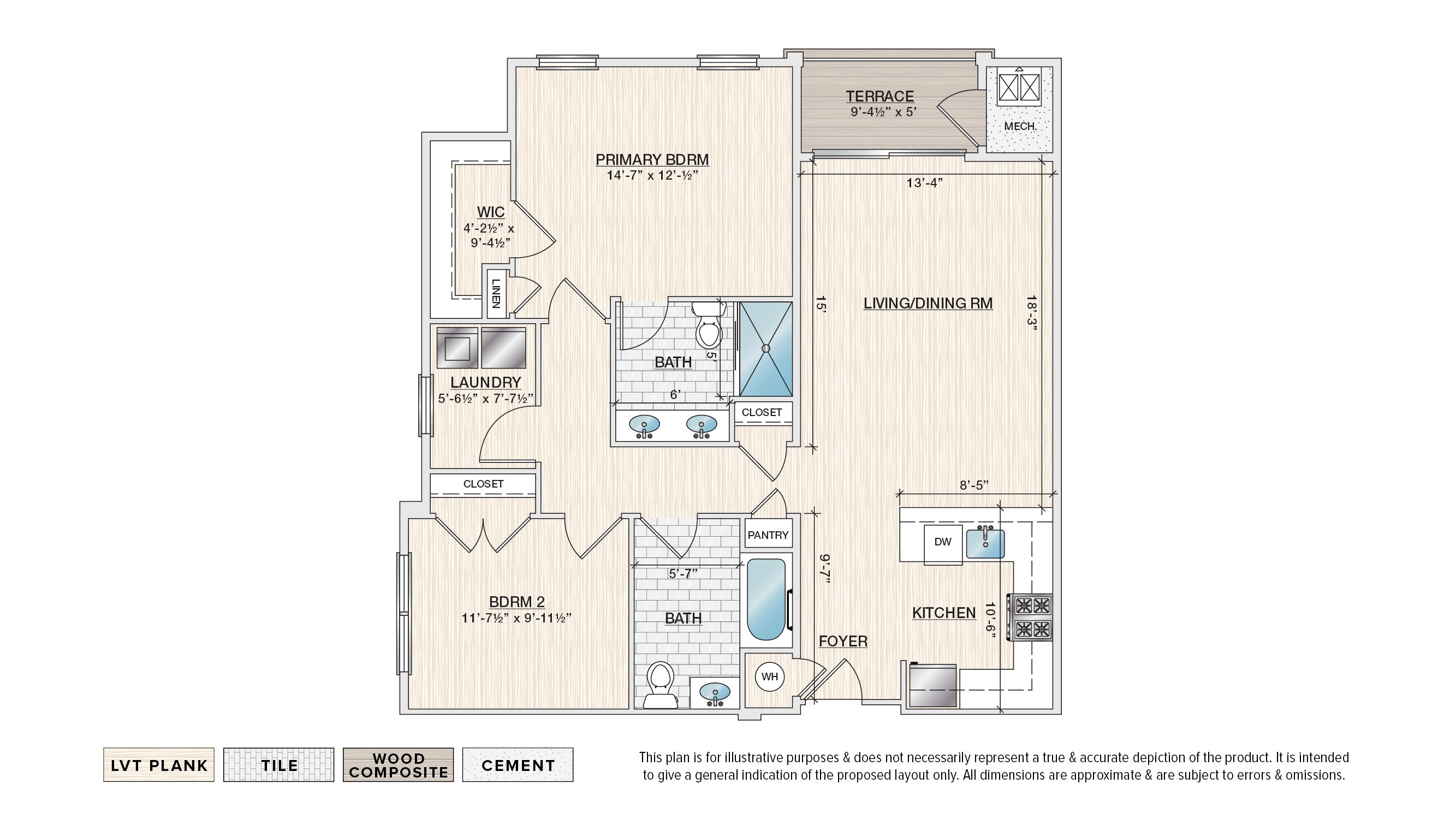 The Magnolia B-2 55+ active adult garden apartment floor plan with 2 bedrooms, 2 baths, and a terrace